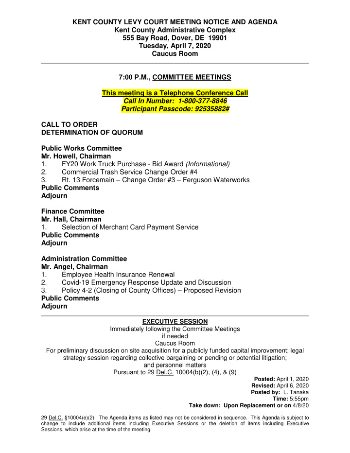 kent county levy court meeting notice and agenda kent