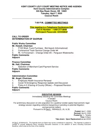 KENT COUNTY LEVY COURT MEETING NOTICE AND AGENDA  Kent County Administrative Complex  555 Bay Road,