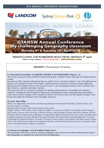 GTA ANNUAL CONFERENCE PRESENTATIONS PRESENTATION AND WORKSHOP SELECTIONS: MONDAY 9 th April  (Stage
