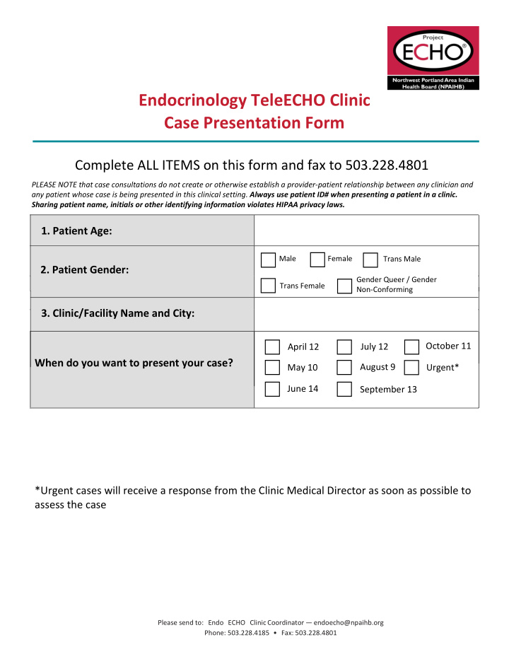 endocrinology teleecho clinic case presentation form