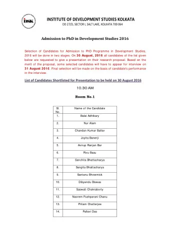 INSTITUTE OF DEVELOPMENT STUDIES KOLKATA DD 27/D, SECTOR I, SALT LAKE, KOLKATA 700 064 Admission to