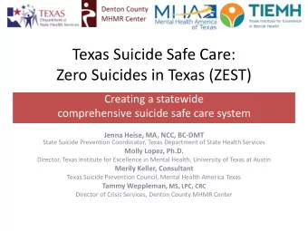 Zero Suicides in Texas (ZEST)  Creating a statewide  comprehensive suicide safe care system Jenna
