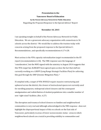 Presentation to the  Vancouver Board of Education  by the Parent Advocacy Network for Public