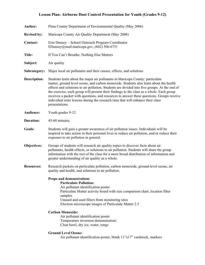 lesson plan airborne dust control presentation for youth