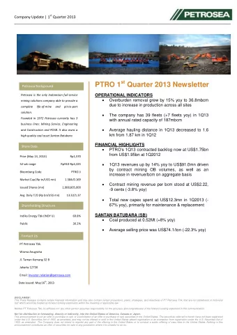 PTRO 1 st Quarter 2013 Newsletter  Petrosea Background  OPERATIONAL INDICATORS  Petrosea is the