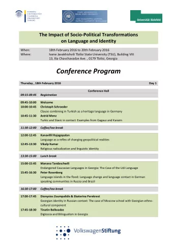 Conference Program  Thursday , 18th February 2016  Day 1  Conference Hall  09:15-09:45