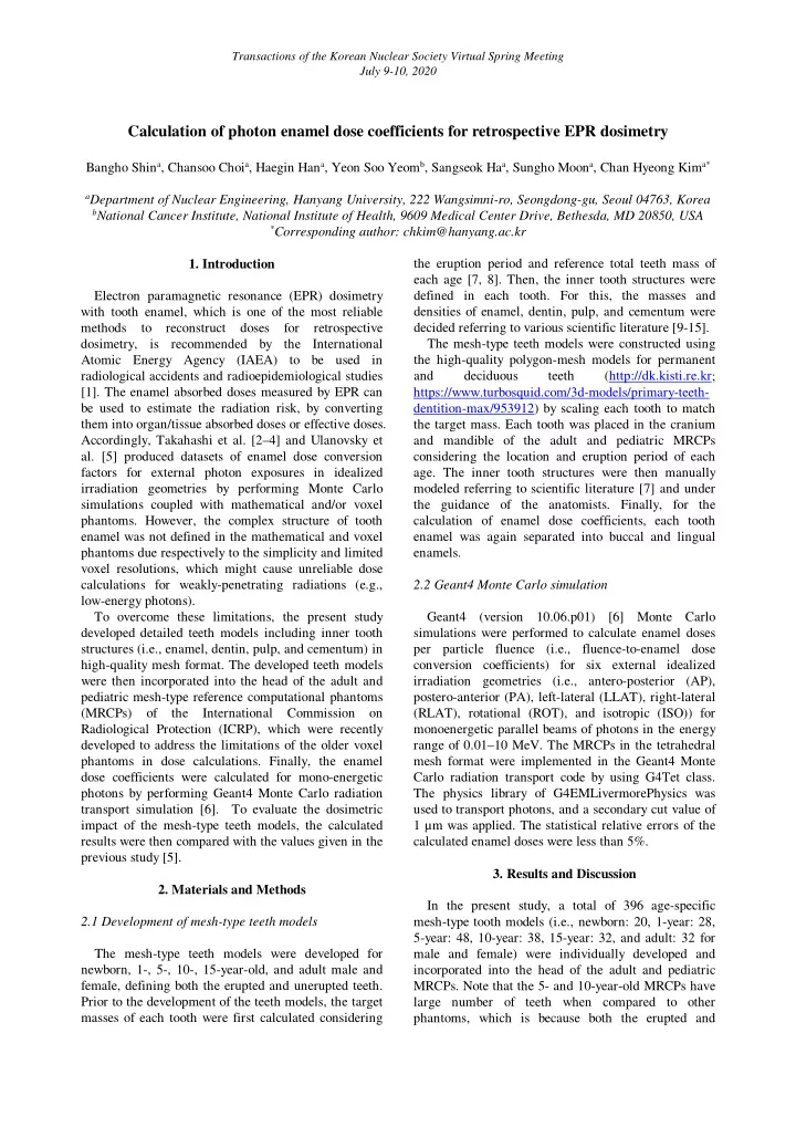 calculation of photon enamel dose coefficients for