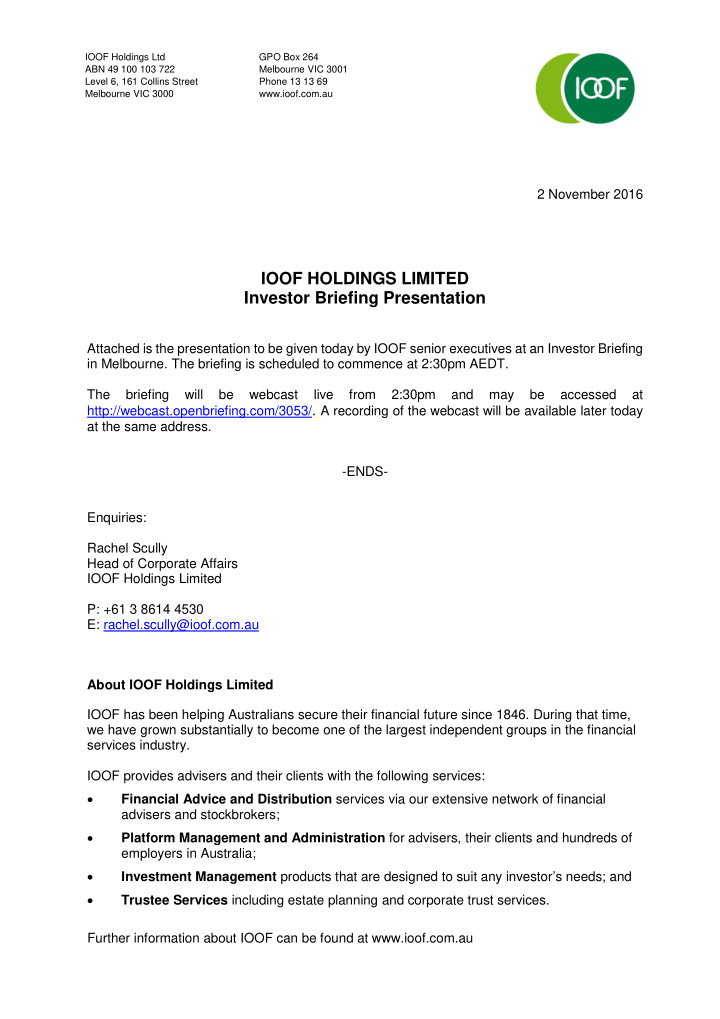 2 november 2016 ioof holdings limited investor briefing