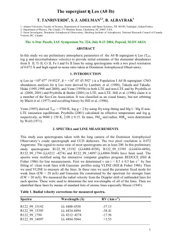 The supergiant   Leo (A0 Ib)     T. TANRIVERDI 1 , S. J. ADELMAN 2,3 , B. ALBAYRAK 1 1-