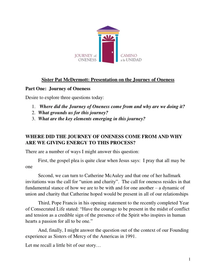 sister pat mcdermott presentation on the journey of