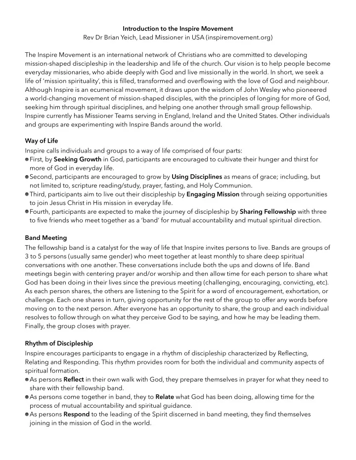 introduction to the inspire movement rev dr brian yeich