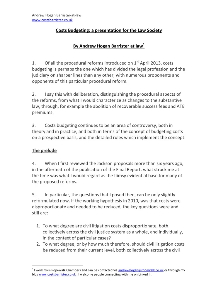costs budgeting a presentation for the law society by