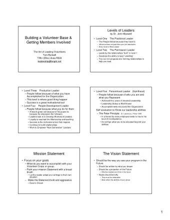 Building a Volunteer Base &amp;   Level One    The Positional Leader  Getting Members Involved