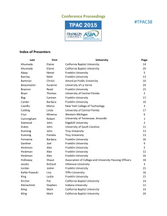 #TPAC38  Index of Presenters  Last  First  University  Page  Ahumada  Elaine  California Baptist