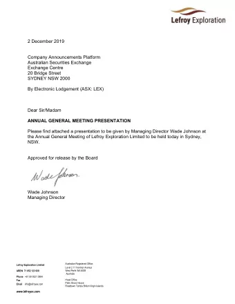 2 December 2019  Company Announcements Platform  Australian Securities Exchange  Exchange Centre