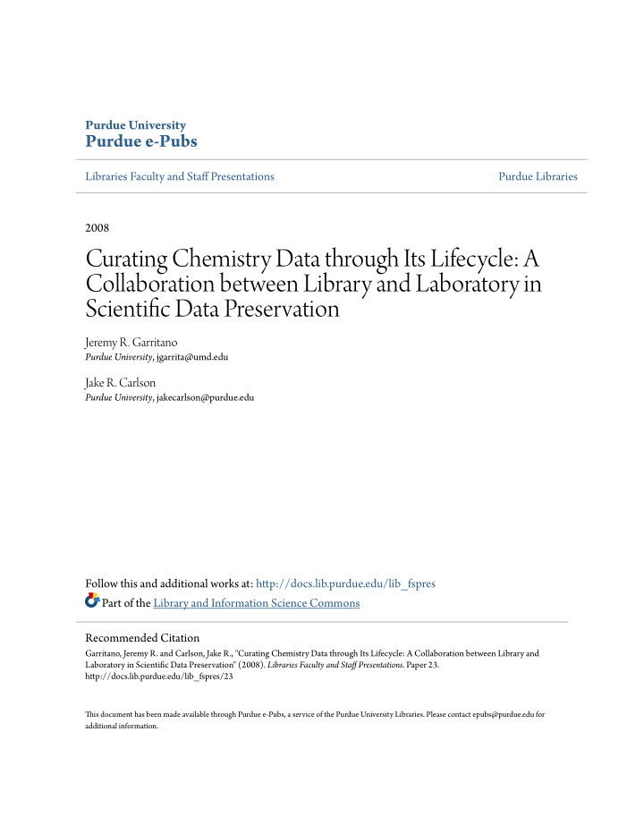 curating chemistry data through its lifecycle a