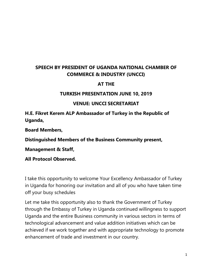 speech by president of uganda national chamber of