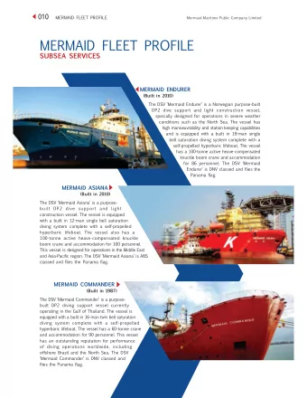 MERMAID FLEET PROFILE  SUBSEA SERVICES  MERMAID ENDURER  (Built in 2010)  The DSV Mermaid