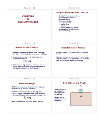 Dynamics  Newton's Three Laws of Motion  Inertial Reference Frames  in  Mass vs. Weight