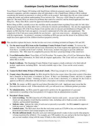 Guadalupe County Small Estate Affidavit Checklist  Texas Estates Code Chapter 205 dealing with
