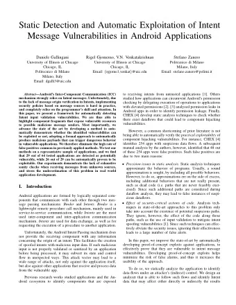 Static Detection and Automatic Exploitation of Intent  Message Vulnerabilities in Android