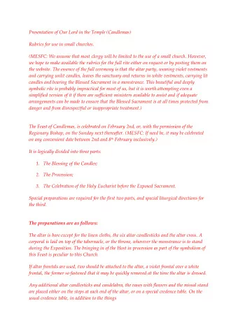Presentation of Our Lord in the Temple (Candlemas)  Rubrics for use in small churches.  (MESFC: We