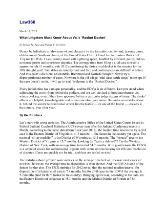 Law360  March 18, 2013  What Litigators Must Know About Va.s Rocket Docket  by Robert M.