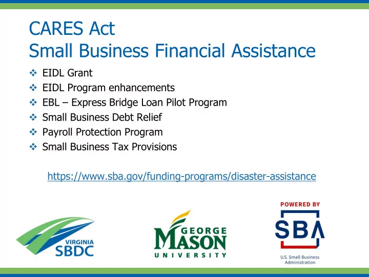 cares act small business financial assistance