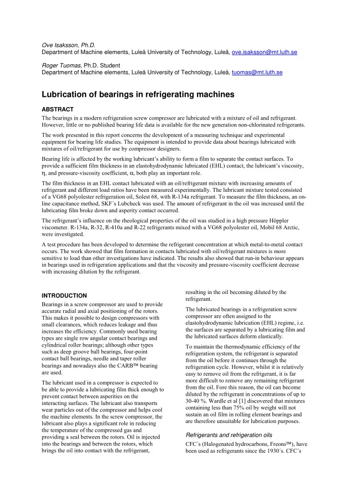 lubrication of bearings in refrigerating machines