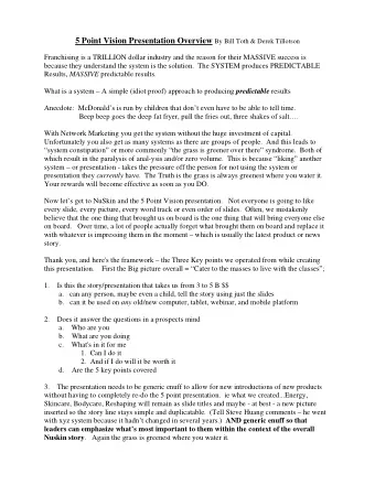 5 Point Vision Presentation Overview By Bill Toth &amp; Derek Tillotson  Franchising is a TRILLION