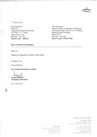 111 &quot;  Pidilite 7 th June, 2019 The Secretary The Secretary BSE Ltd. National Stock Exchange