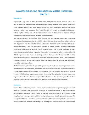 MONITORING OF CRVS OPERATIONS IN NIGERIA (SUCCESSFUL PRACTICE) Introduction Nigeria with a
