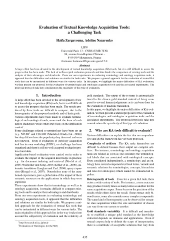 Evaluation of Textual Knowledge Acquisition Tools:  a Challenging Task  Ha  fa Zargayouna,