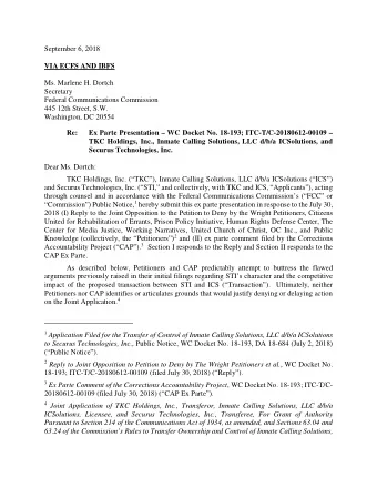 September 6, 2018  VIA ECFS AND IBFS  Ms. Marlene H. Dortch  Secretary  Federal Communications