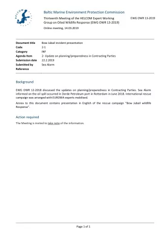 Baltic Marine Environment Protection Commission  Thirteenth Meeting of the HELCOM Expert Working