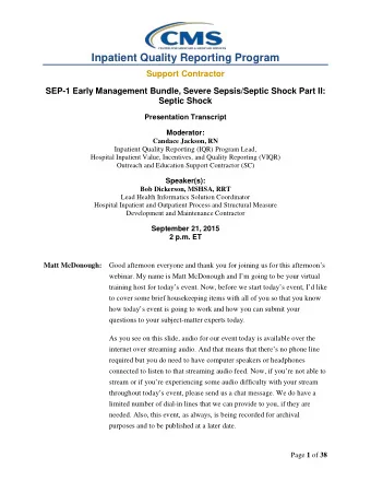 Inpatient Quality Reporting Program  Support Contractor  SEP-1 Early Management Bundle, Severe