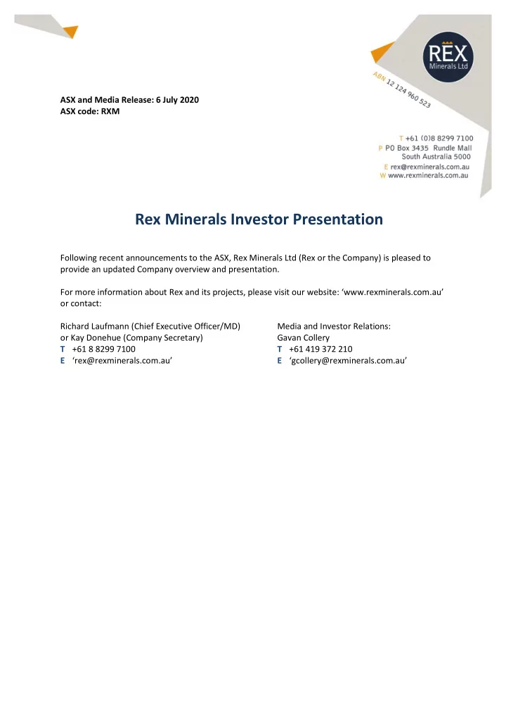 rex minerals investor presentation