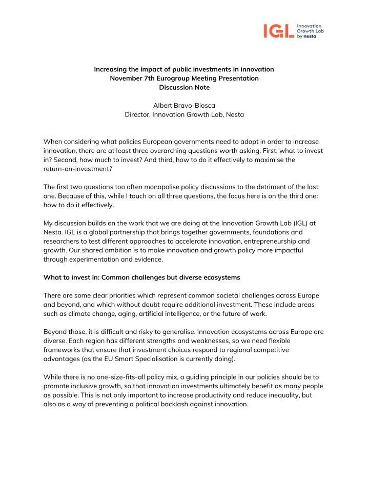 increasing the impact of public investments in innovation