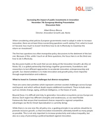 Increasing the impact of public investments in innovation  November 7th Eurogroup Meeting