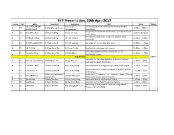 FYP Presentation, 20th April 2017  Course  Part  Name  Supervisor  Moderator  Title  Time  Venue