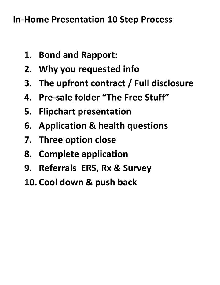 in home presentation 10 step process 1 bond and rapport 2