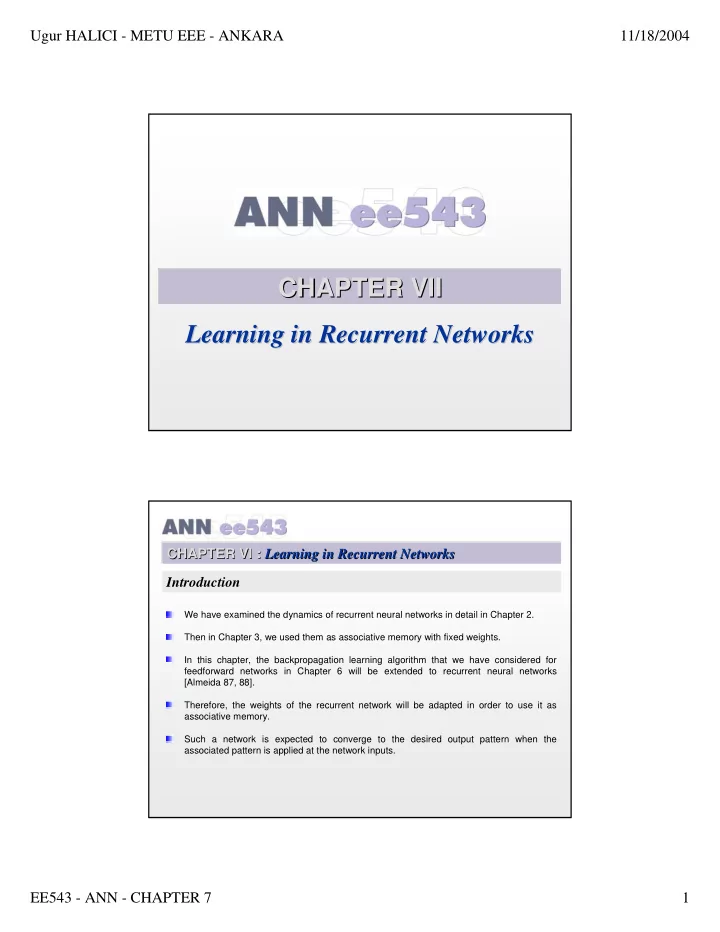 chapter vii vii chapter learning in recurrent networks