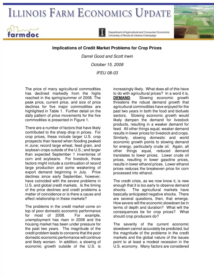 implications of credit market problems for crop prices