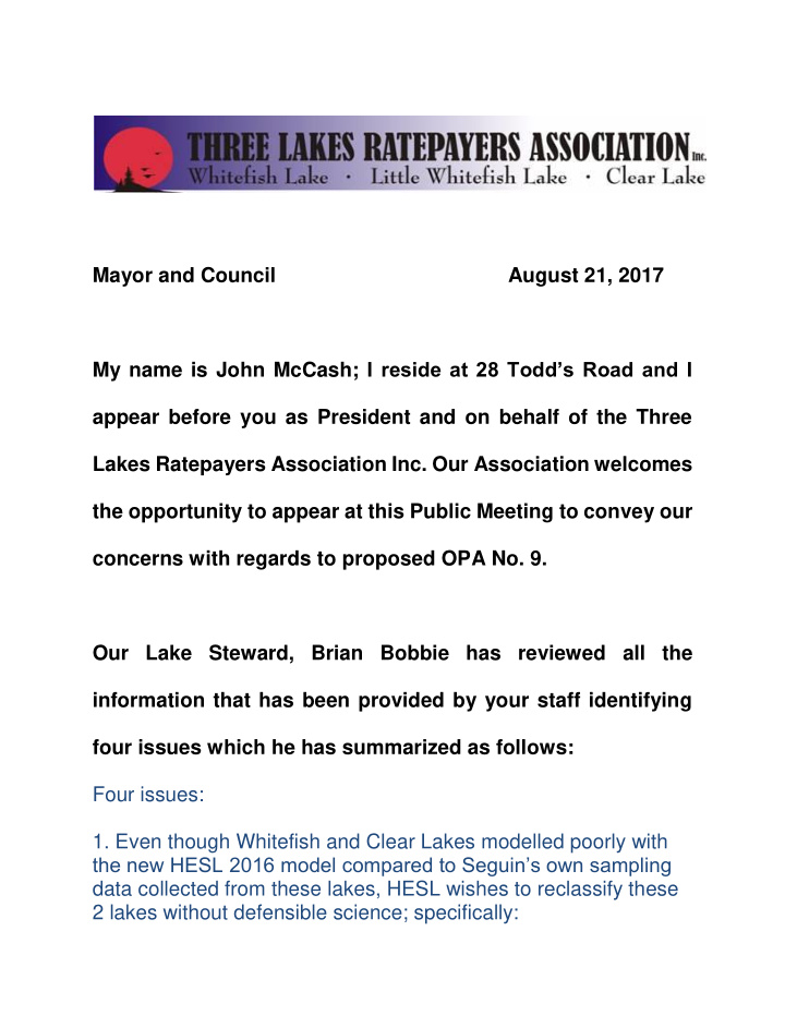 mayor and council august 21 2017 my name is john mccash i