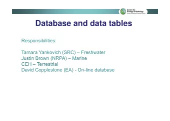 Database and data tables  Responsibilities:  Tamara Yankovich (SRC)  Freshwater  Justin Brown