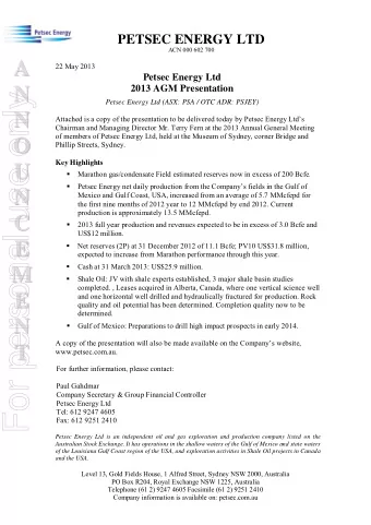 For personal use only  Petsec Energy Ltd (ASX: PSA / OTC ADR: PSJEY)  N  N  Attached is a copy of