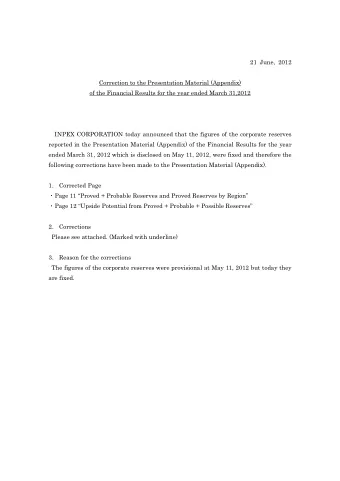 21 June, 2012  Correction to the Presentation Material (Appendix)  of the Financial Results for the