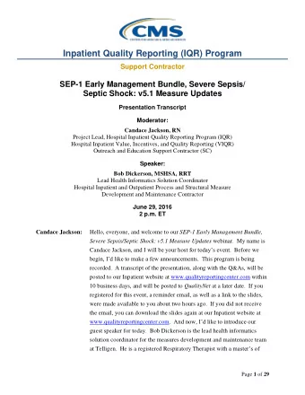 Inpatient Quality Reporting (IQR) Program  Support Contractor  SEP-1 Early Management Bundle,