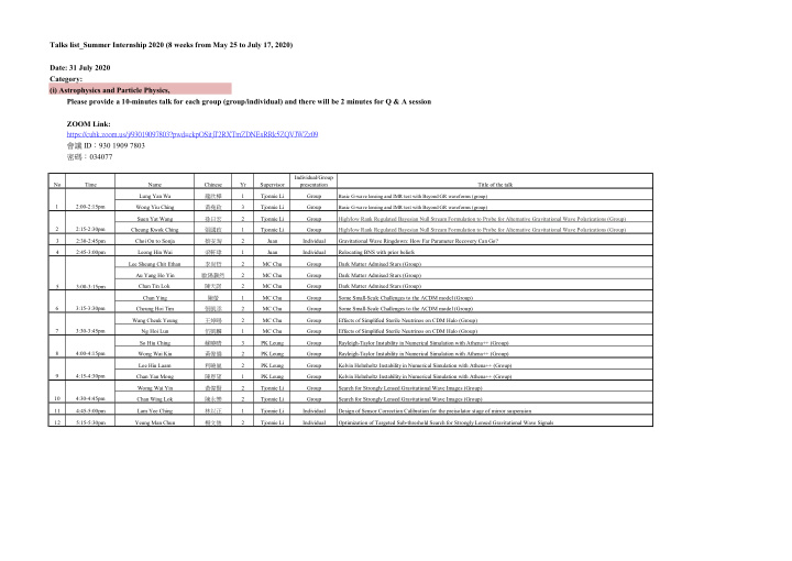 talks list summer internship 2020 8 weeks from may 25 to