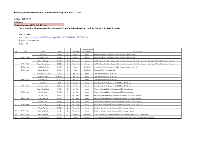 talks list summer internship 2020 8 weeks from may 25 to